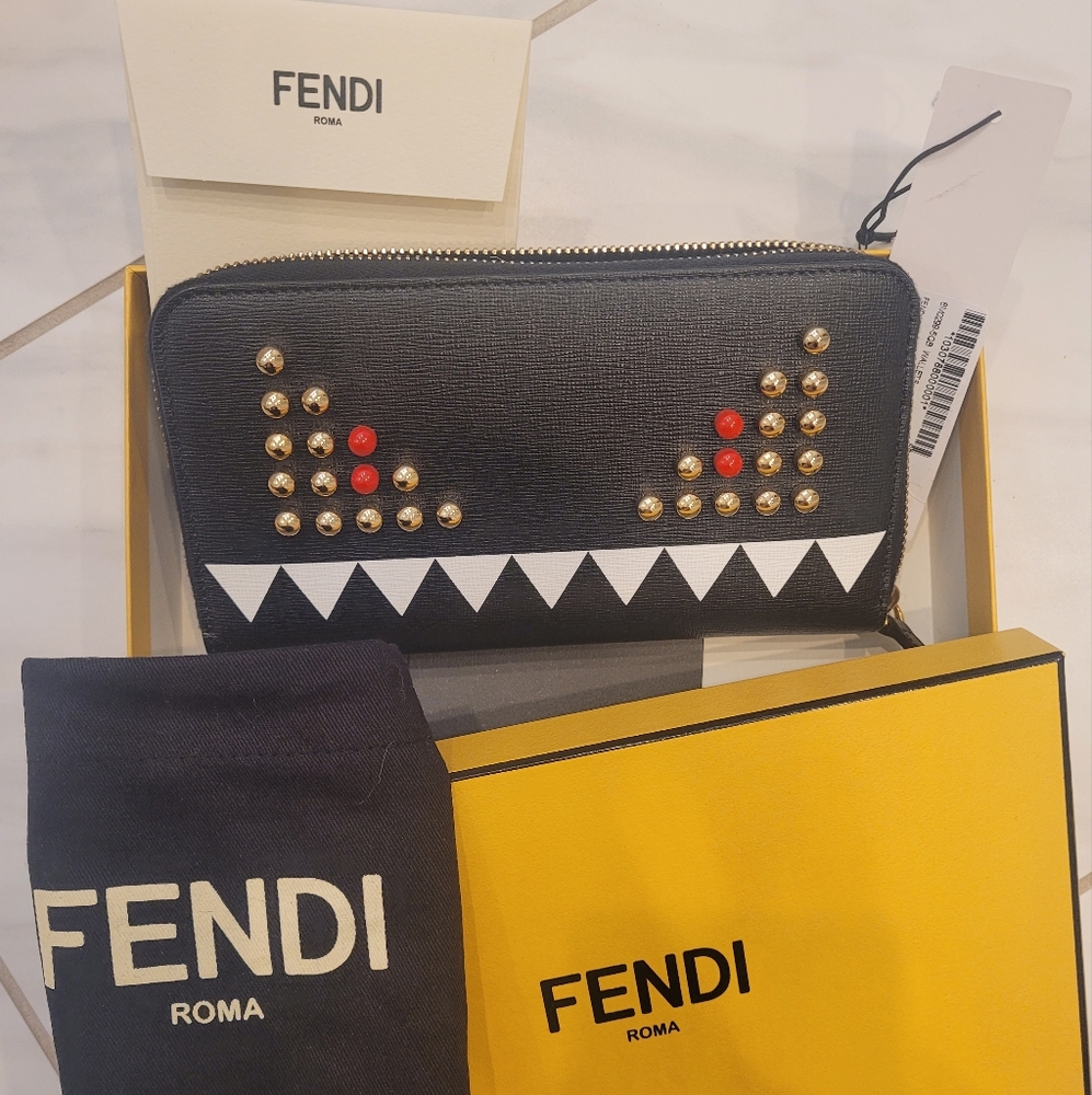 Fendi Black Wallet with Gold and Red Accents
